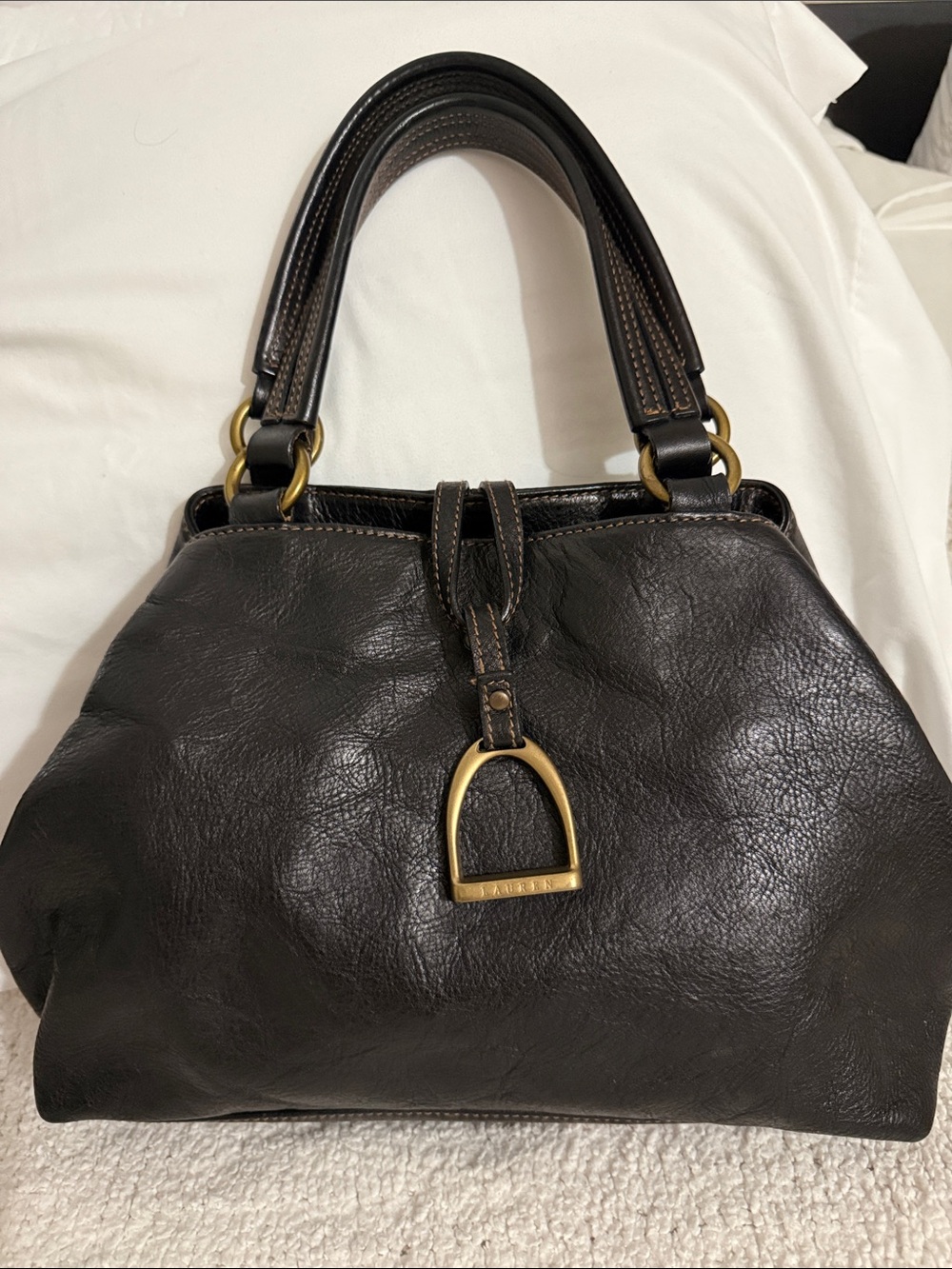 Lauren Ralph Lauren Black Leather Shoulder Bag with Gold Hardware